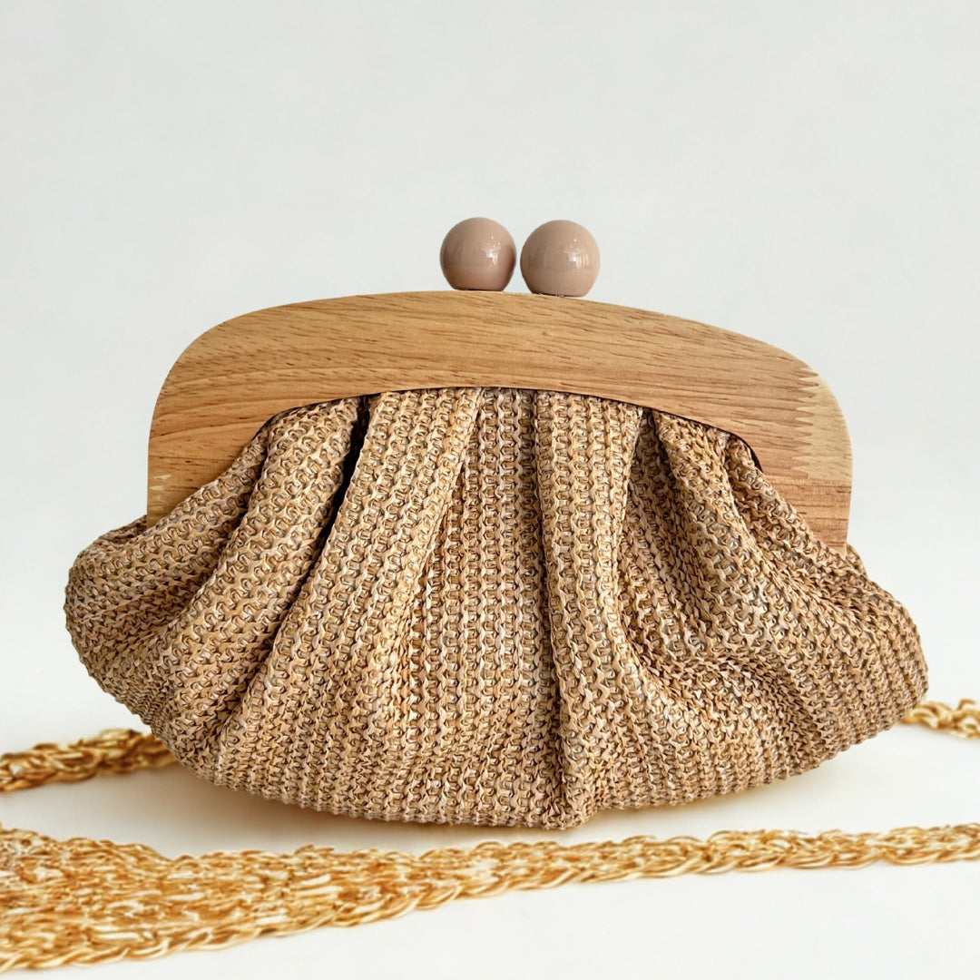 Wooden Palm Clutch in Honey Beige