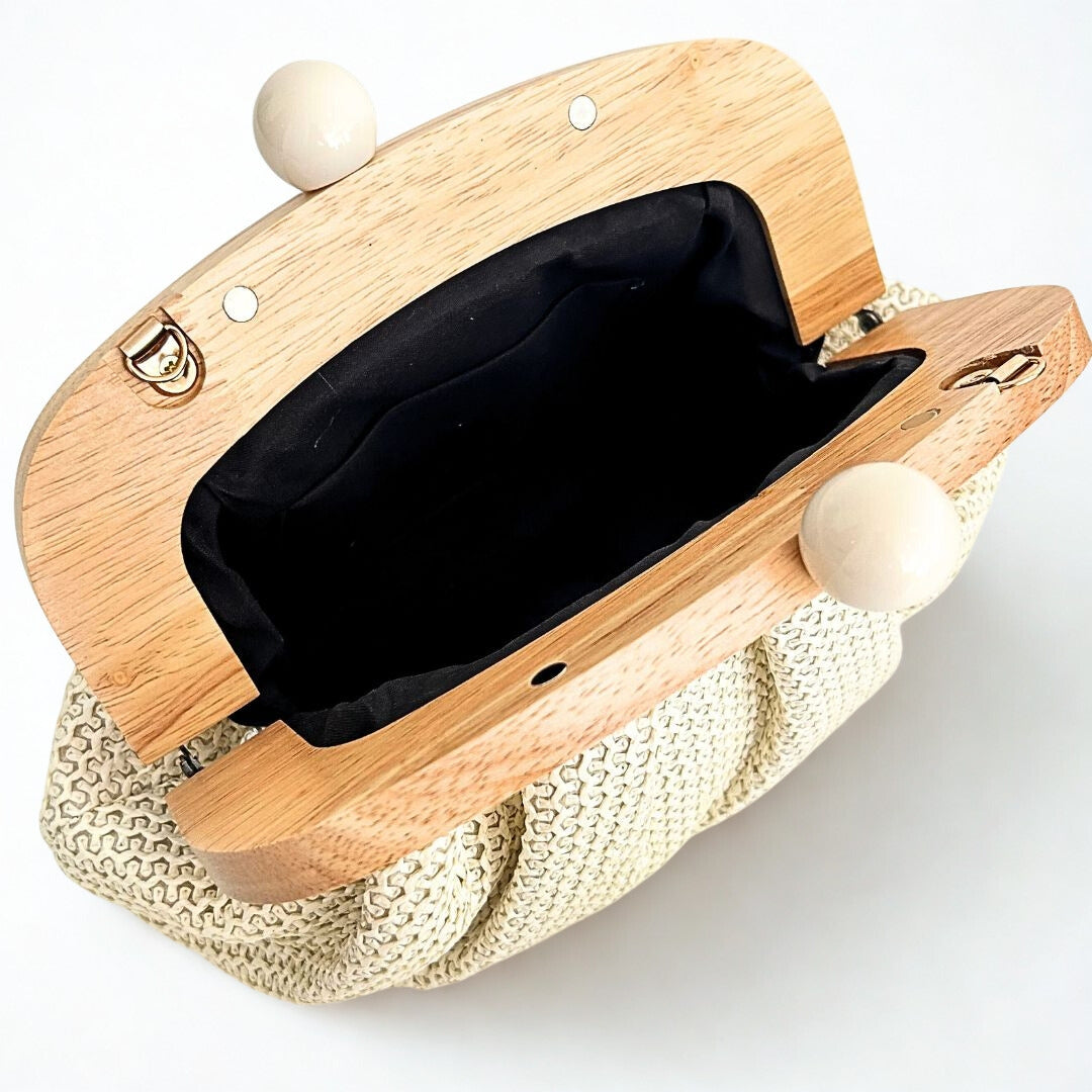 Wooden Palm Clutch in Ivory Cream