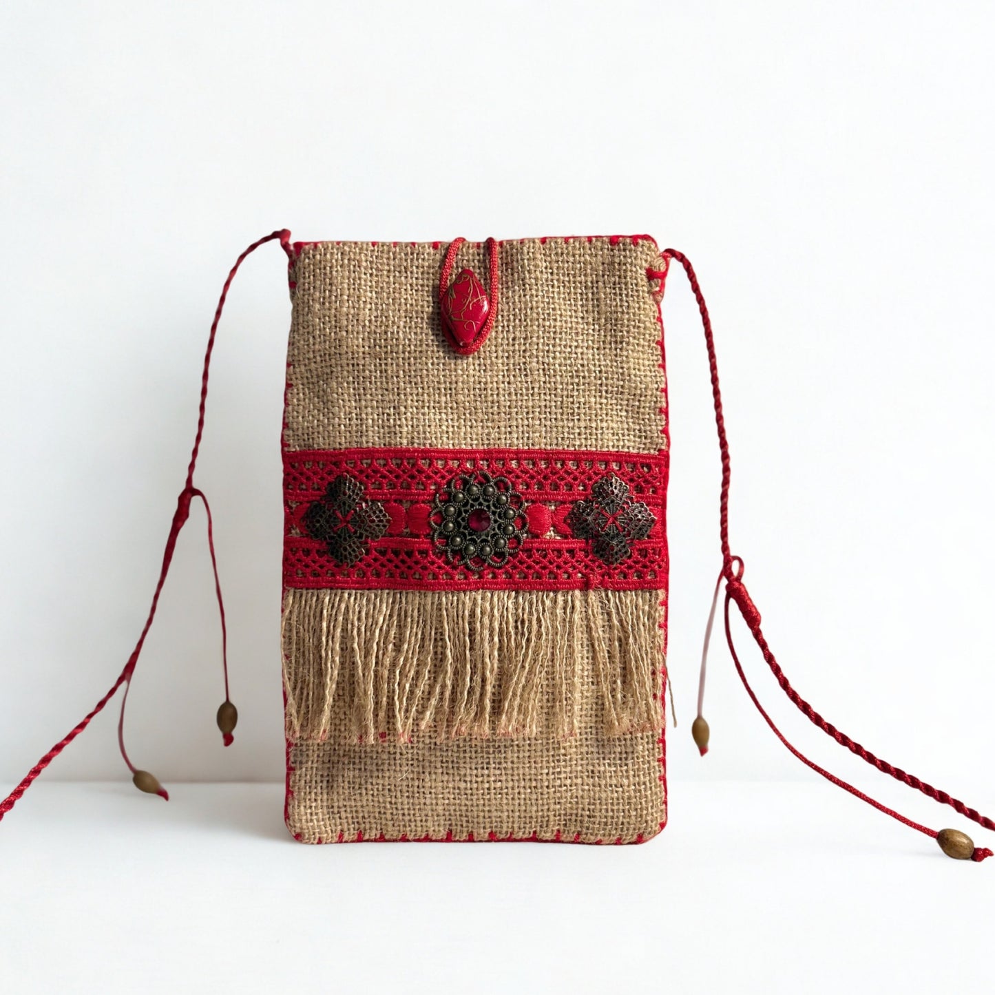 NATURAL JUTE PHONE BAG WITH RED AND RUSTIC ACCENTS