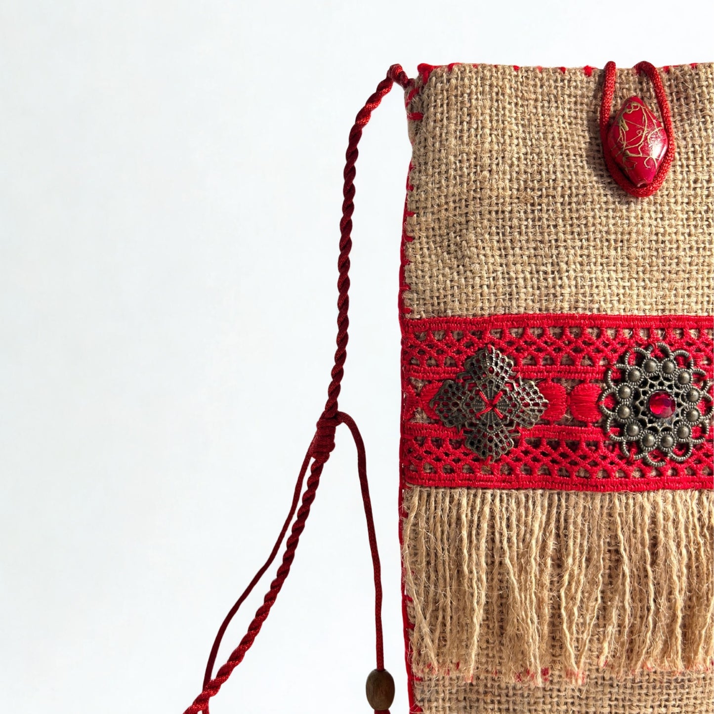 NATURAL JUTE PHONE BAG WITH RED AND RUSTIC ACCENTS
