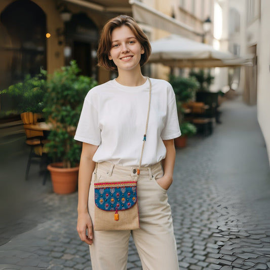 NATURAL JUTE CROSSBODY BAG WITH BLUE AND PINK ACCENTS
