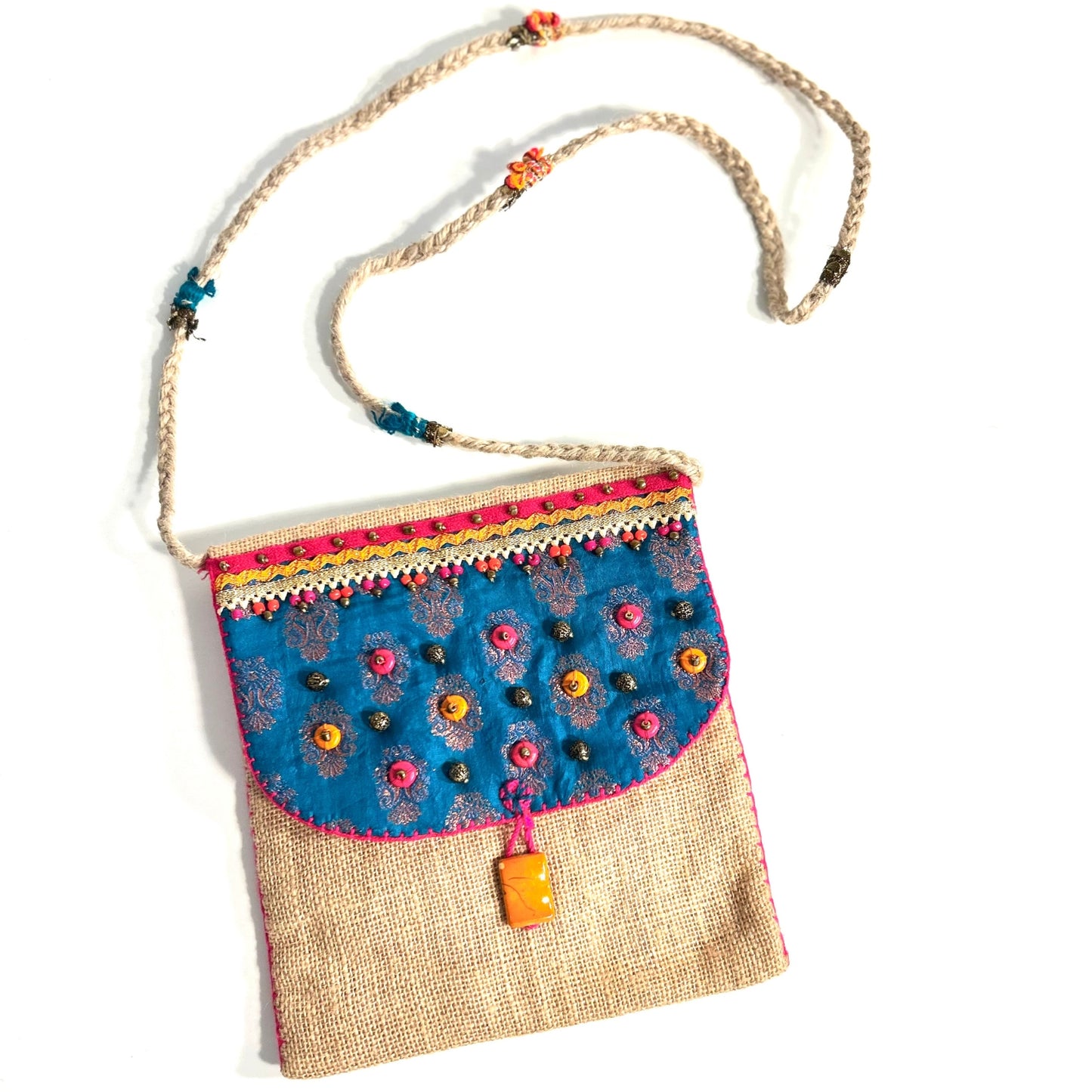 NATURAL JUTE CROSSBODY BAG WITH BLUE AND PINK ACCENTS