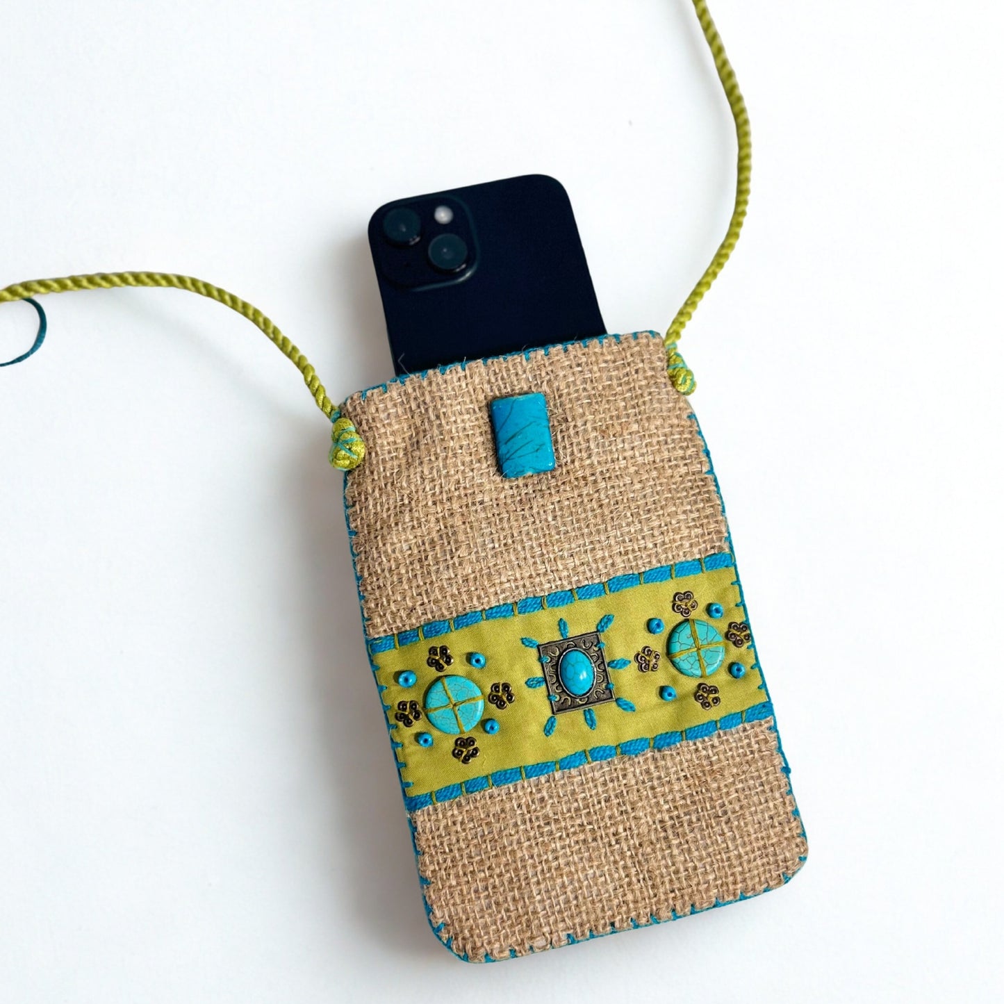 NATURAL JUTE PHONE BAG WITH TURQUOISE AND GREEN ACCENTS