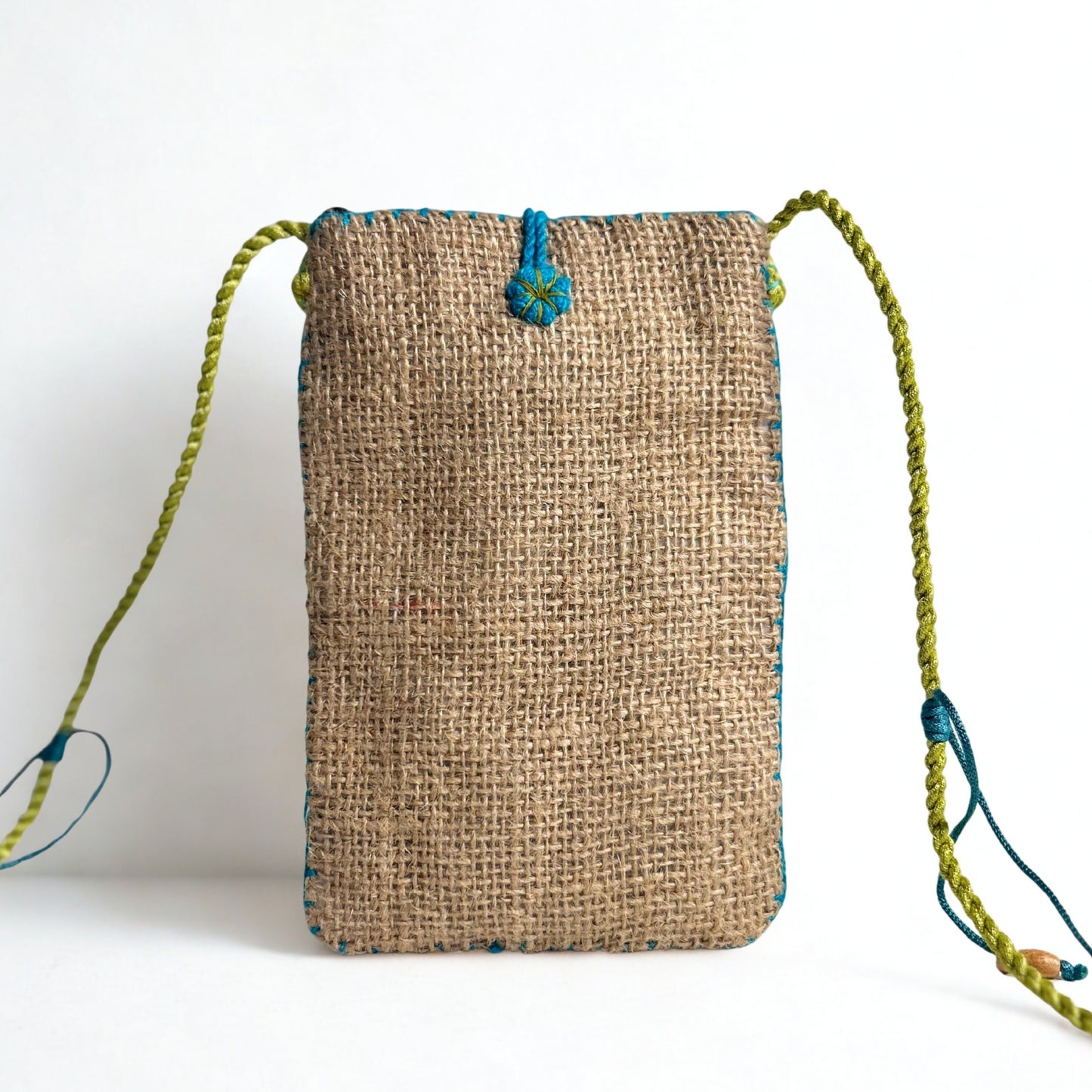 NATURAL JUTE PHONE BAG WITH TURQUOISE AND GREEN ACCENTS