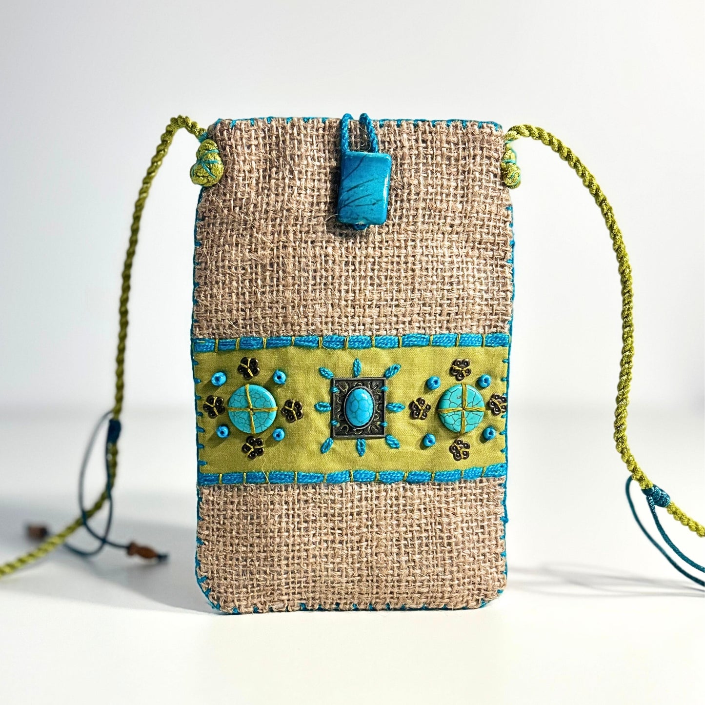 NATURAL JUTE PHONE BAG WITH TURQUOISE AND GREEN ACCENTS