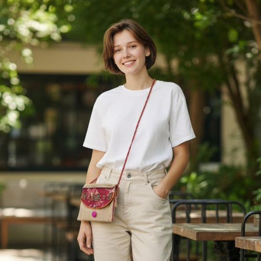 NATURAL JUTE CLUTCH BAG WITH MAROON AND ORANGE ACCENTS