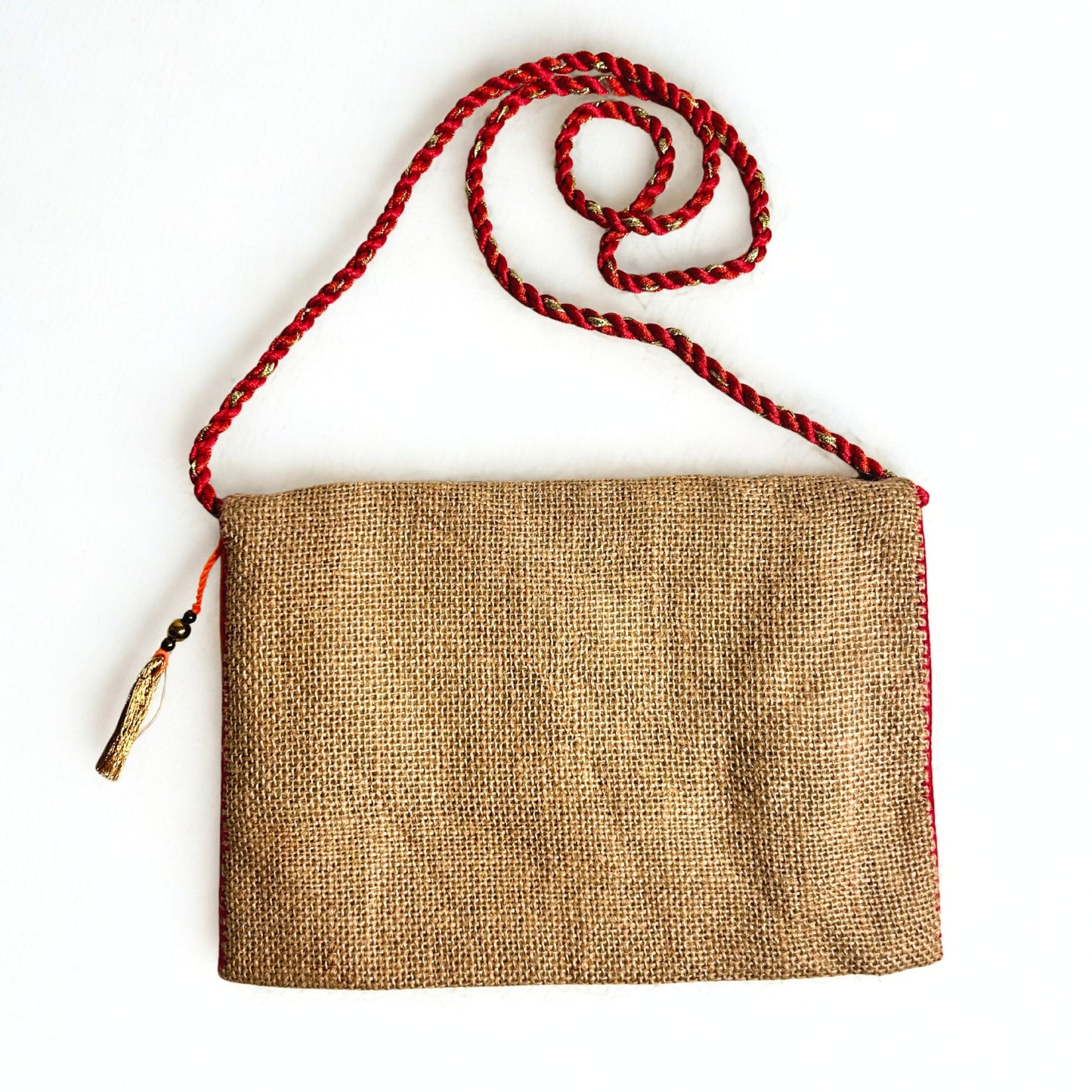 NATURAL JUTE CLUTCH BAG WITH MAROON AND ORANGE ACCENTS