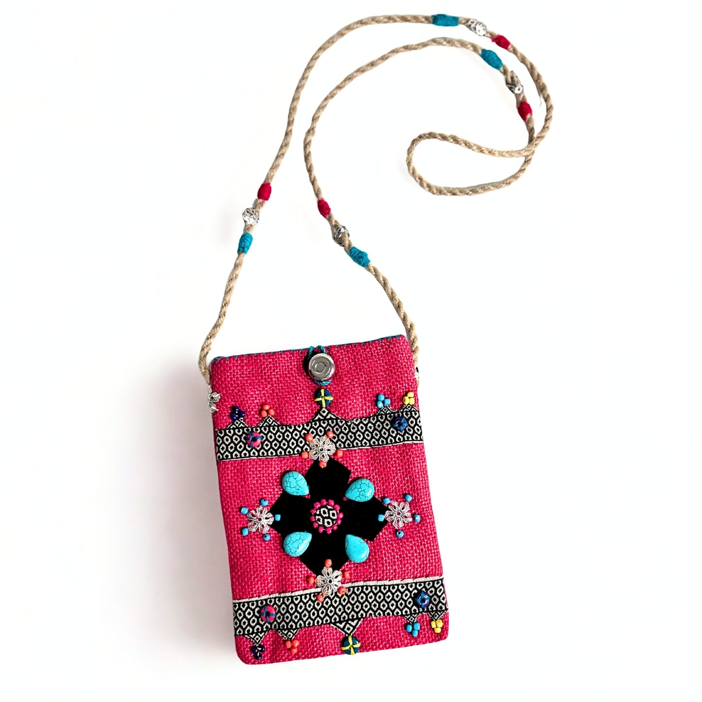 PINK NATURAL JUTE PHONE BAG WITH MULTICOLOUR ACCENTS