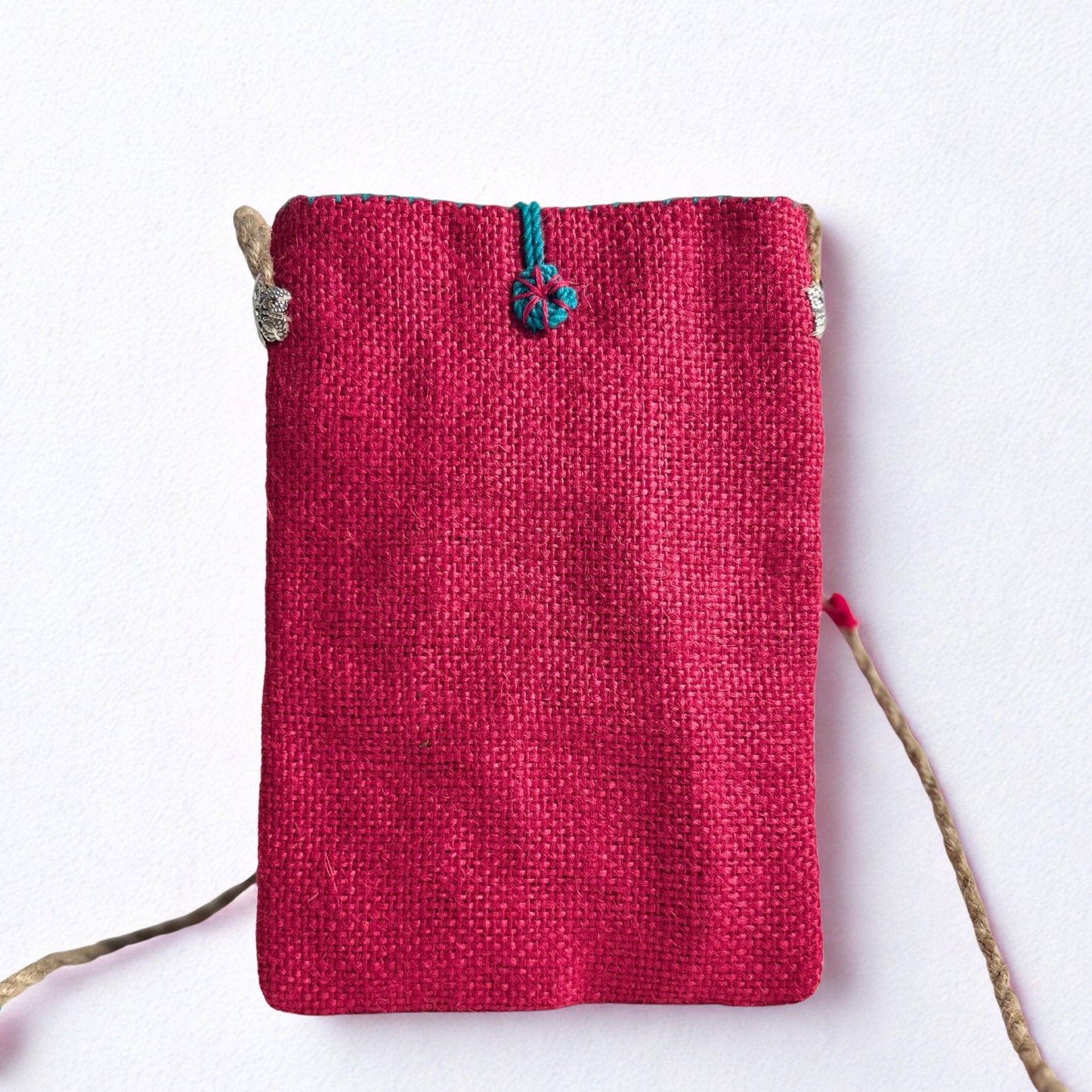 PINK NATURAL JUTE PHONE BAG WITH MULTICOLOUR ACCENTS