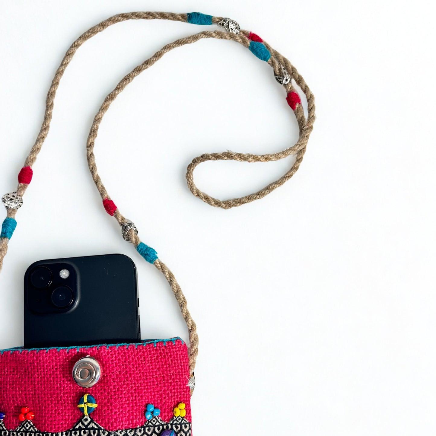 PINK NATURAL JUTE PHONE BAG WITH MULTICOLOUR ACCENTS