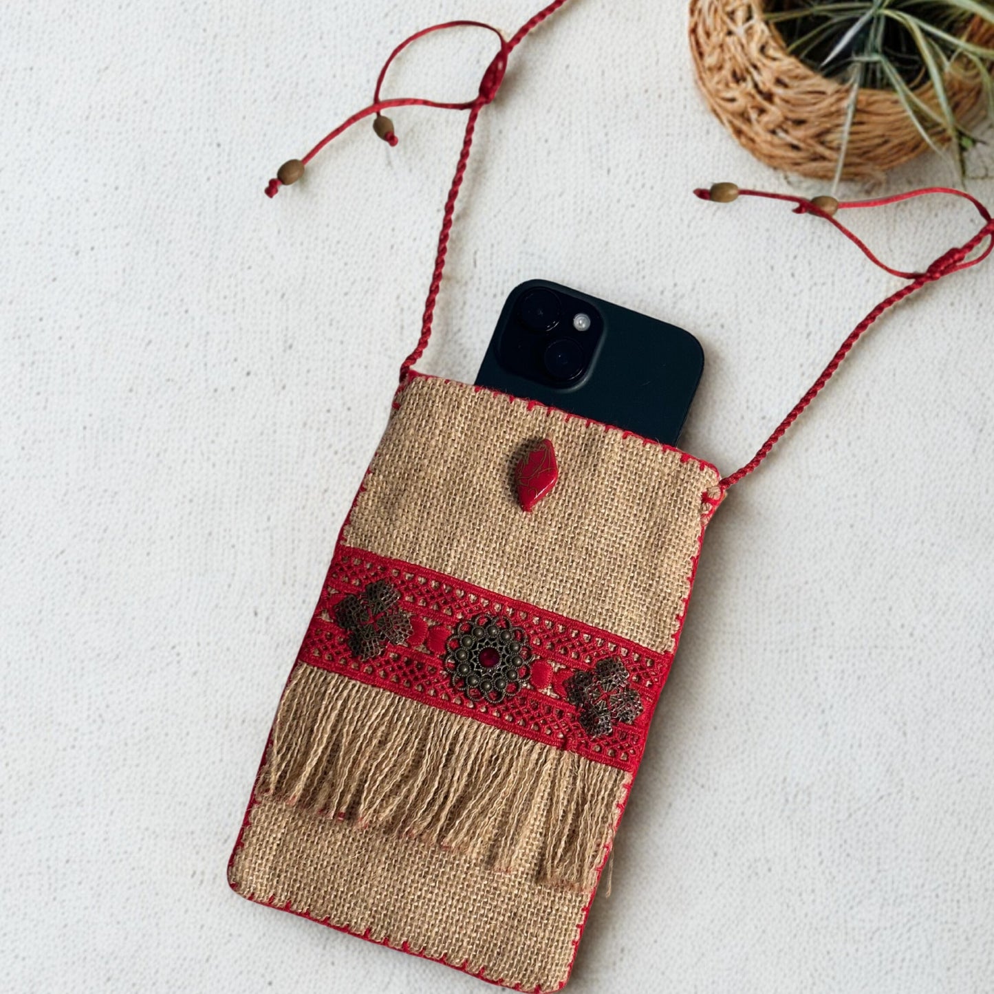 NATURAL JUTE PHONE BAG WITH RED AND RUSTIC ACCENTS