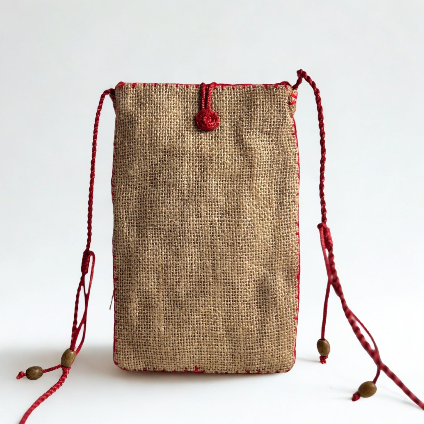 NATURAL JUTE PHONE BAG WITH RED AND RUSTIC ACCENTS