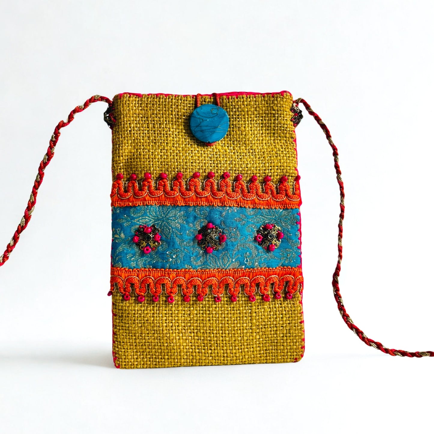 MUSTARD YELLOW JUTE PHONE BAG WITH MULTICOLOR ACCENTS