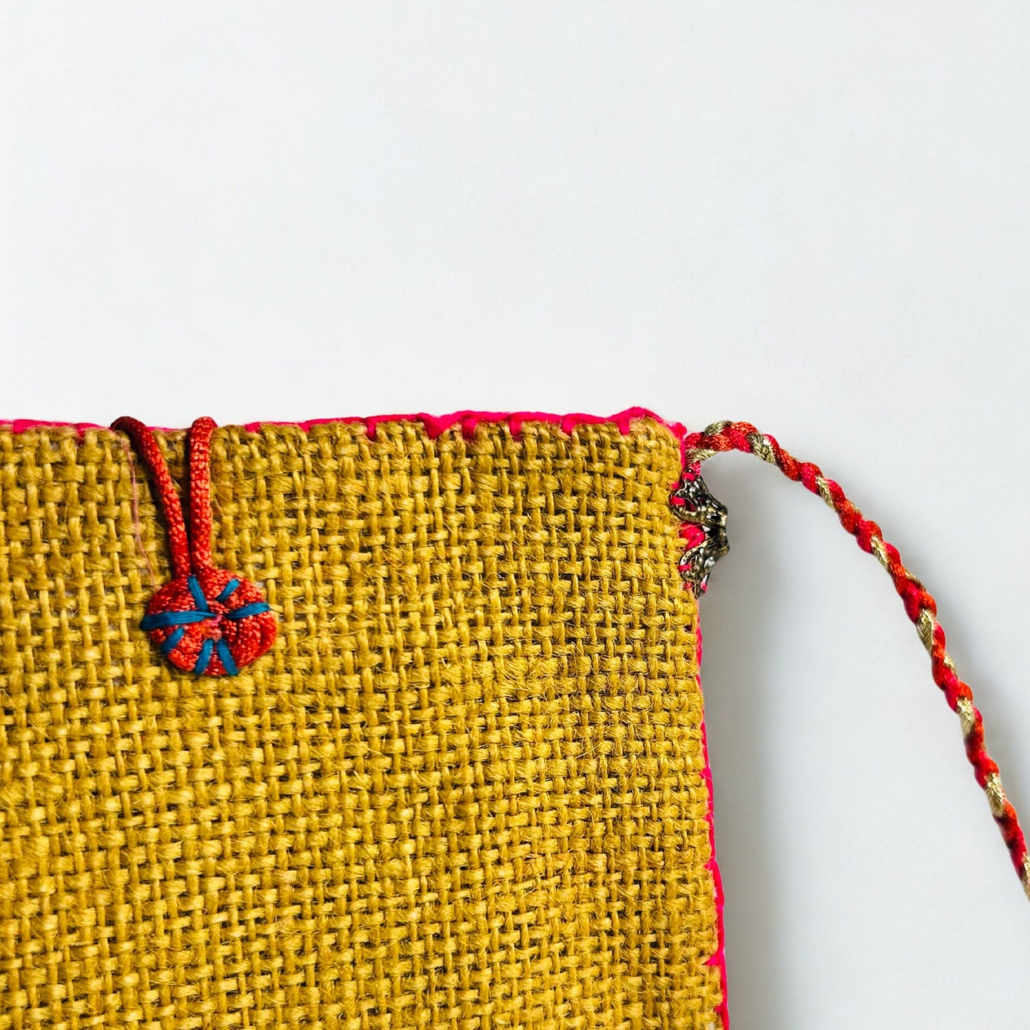MUSTARD YELLOW JUTE PHONE BAG WITH MULTICOLOR ACCENTS