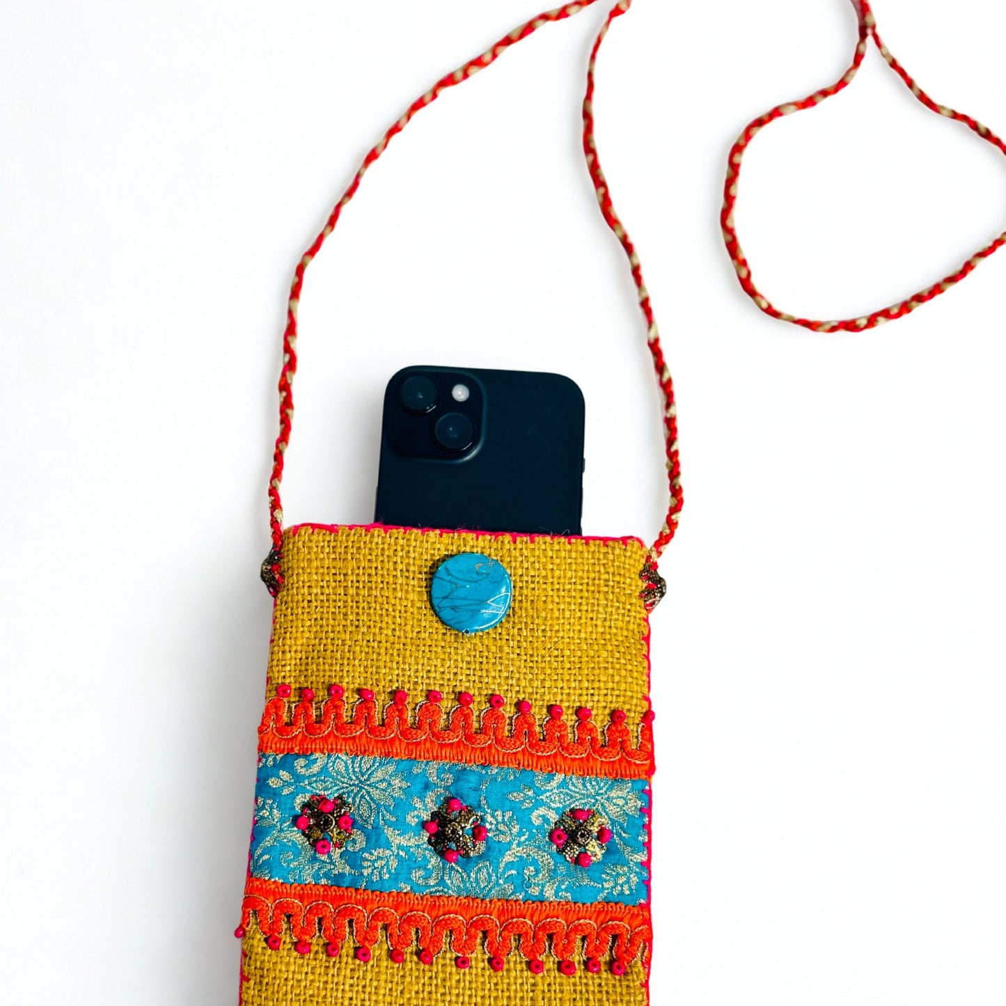 MUSTARD YELLOW JUTE PHONE BAG WITH MULTICOLOR ACCENTS