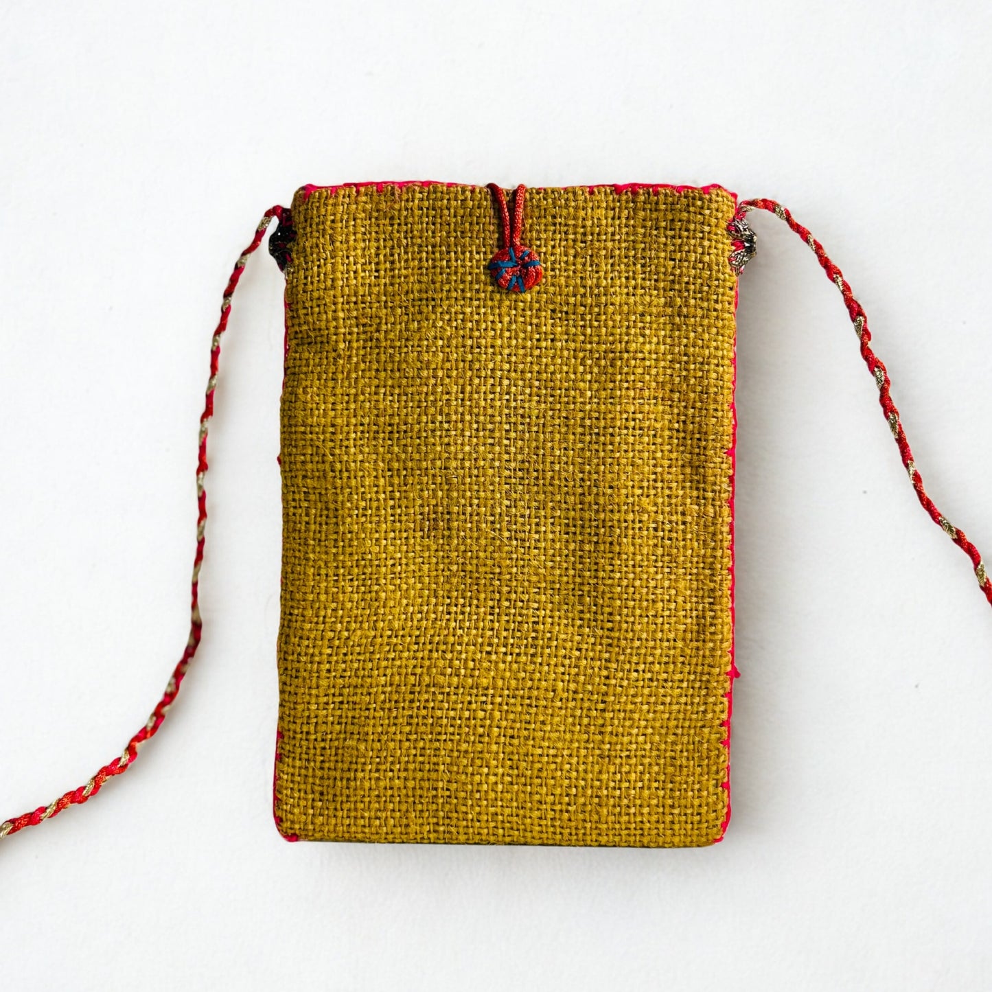 MUSTARD YELLOW JUTE PHONE BAG WITH MULTICOLOR ACCENTS